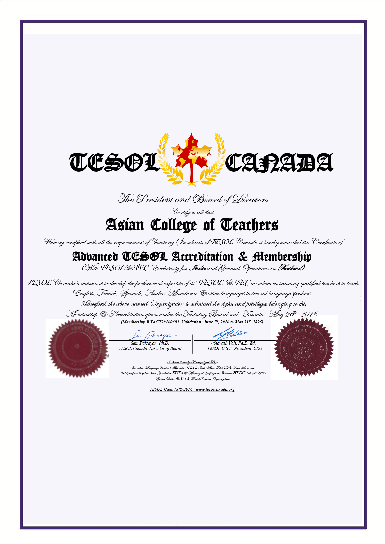 ACT and Tesol Canada Membership Sample